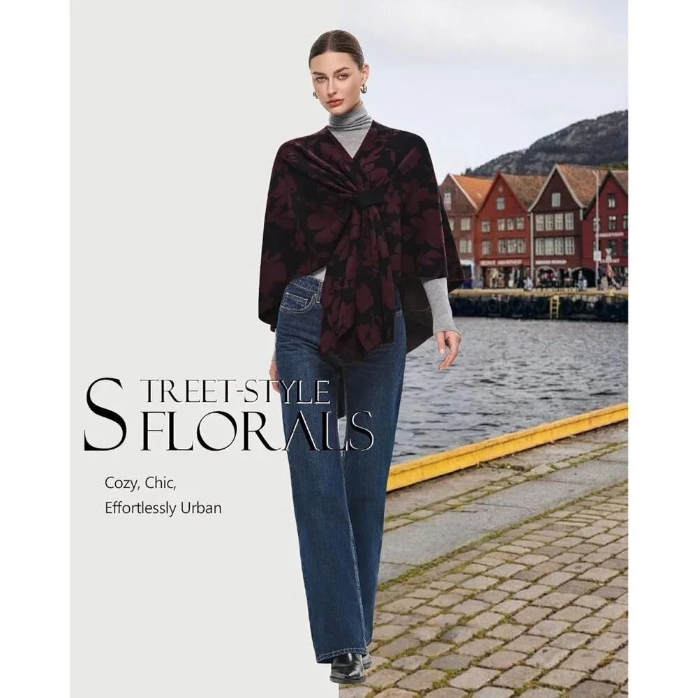 Women's Black Burgundy Elegant Open Poncho Sweater Spring Fall Winter Shawl Wrap